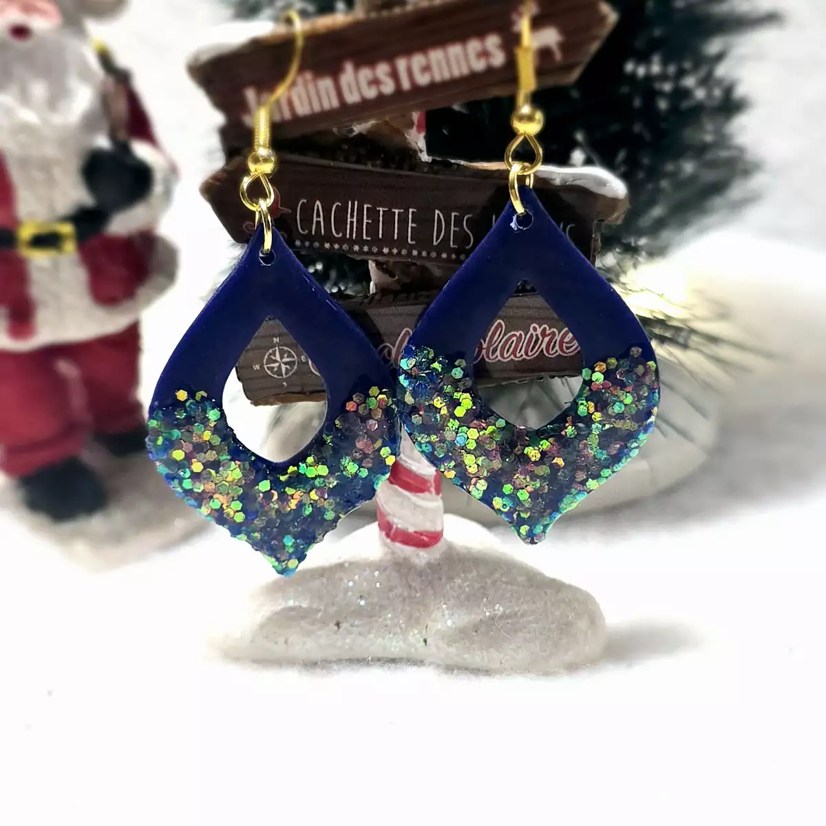 Boucles d'oreilles bleus à paillettes en argile polymère
